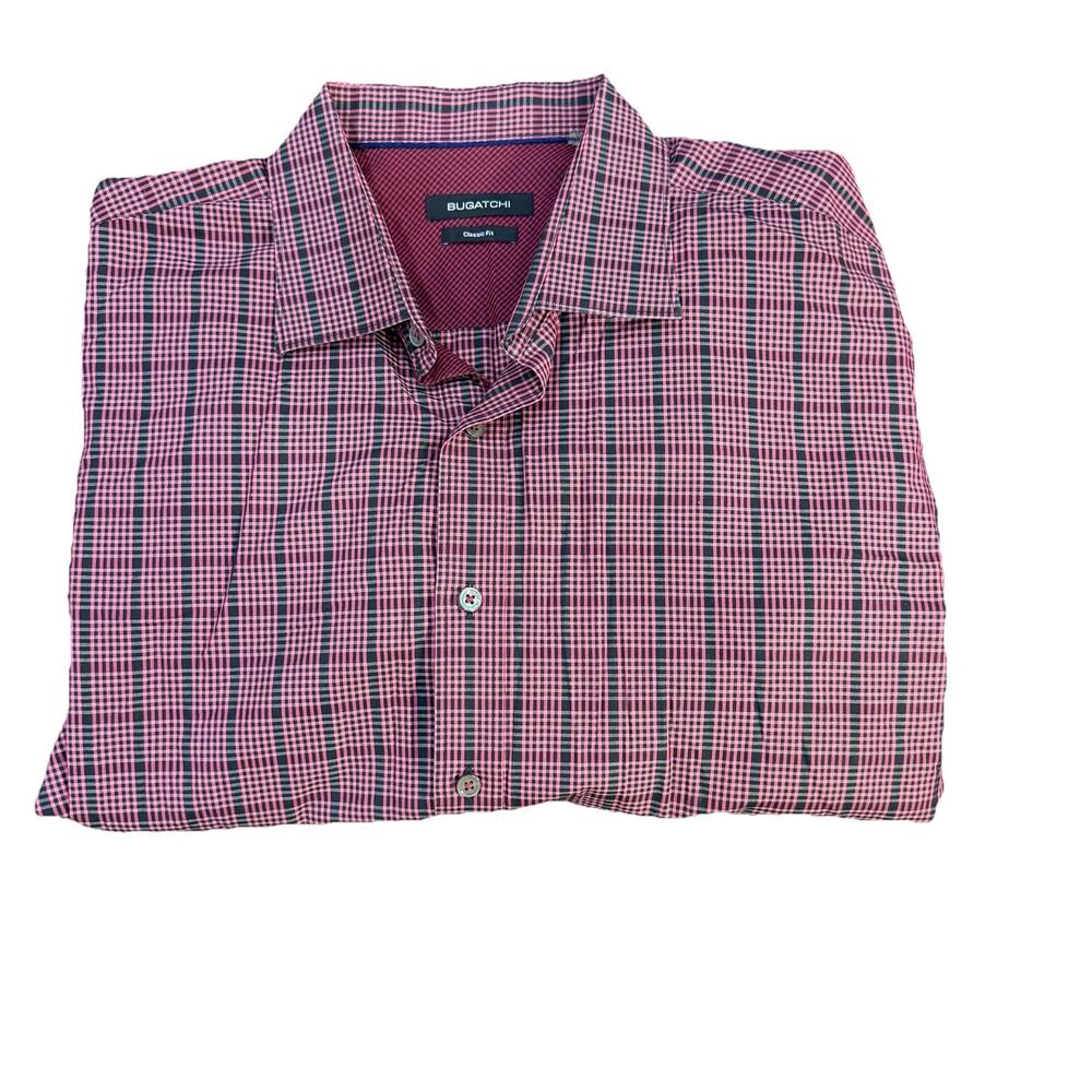 BUGATCHI Dress Shirt Mens 2XL XXL Red Geometric Check Classic Fit Button Up GC